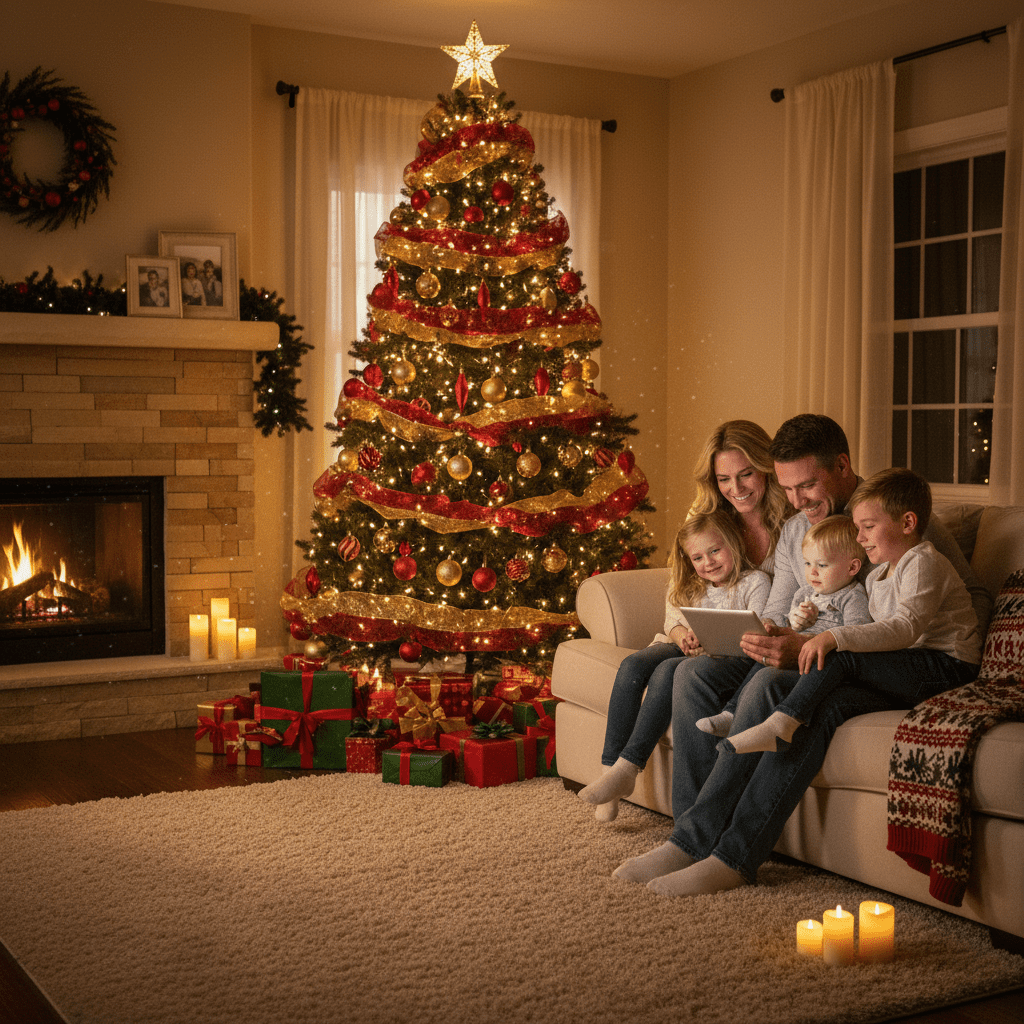 familia reunida junto al árbol de Navidad escuchando una canción personalizada con emoción