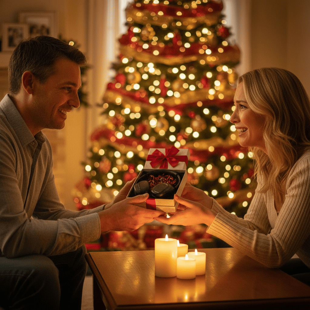 pareja intercambiando un regalo musical con auriculares durante la noche de Navidad
