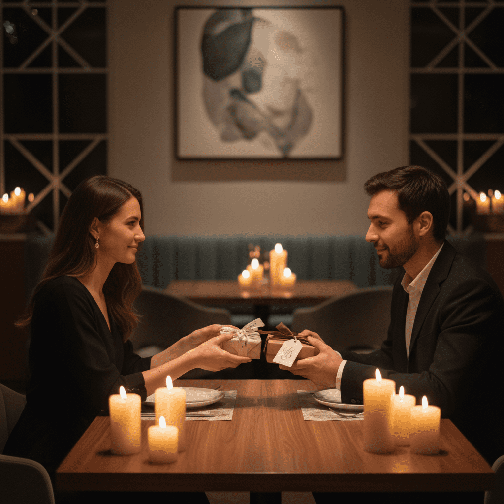 pareja intercambiando regalos personalizados en un ambiente romántico con luz cálida