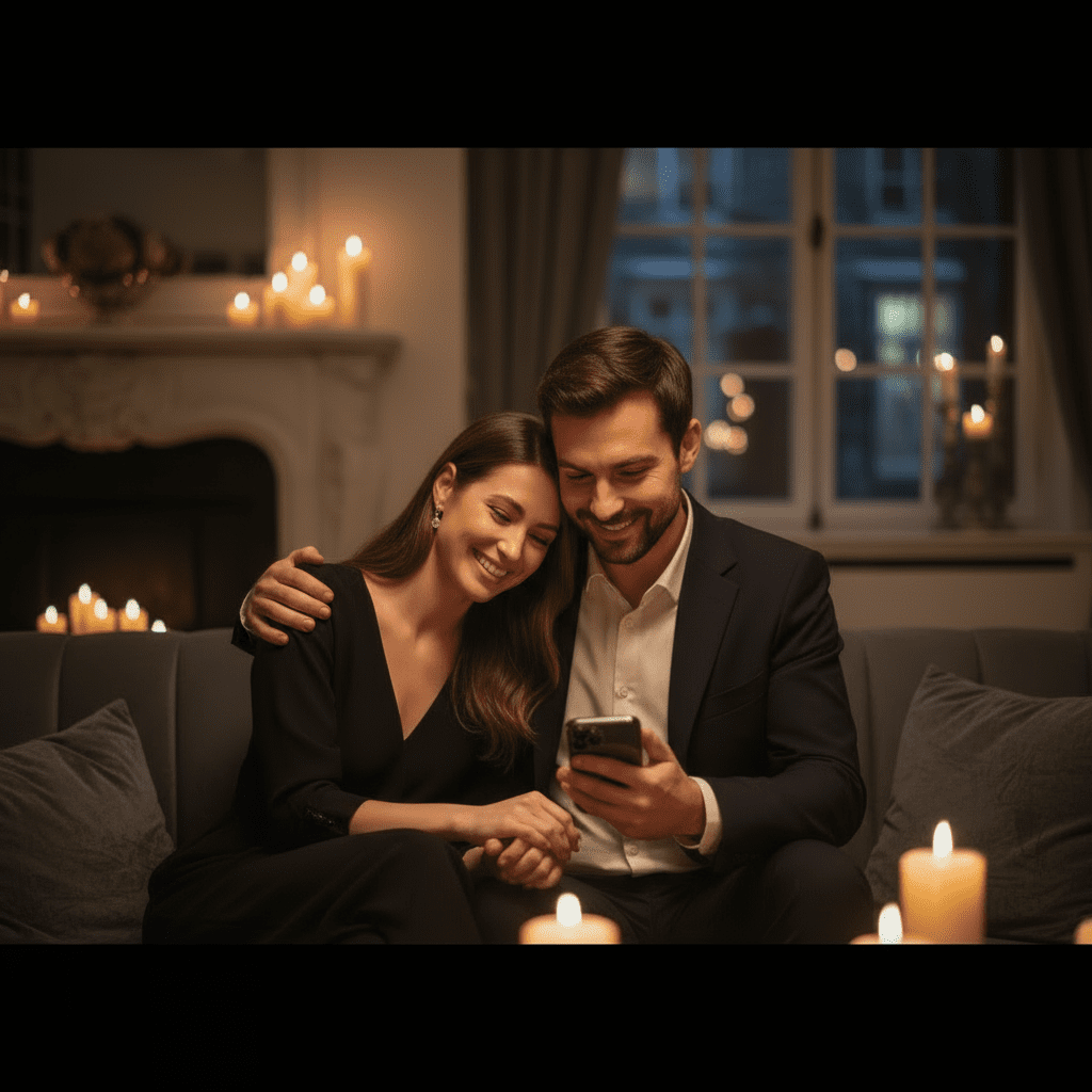 pareja escuchando una canción personalizada con emoción en un ambiente romántico