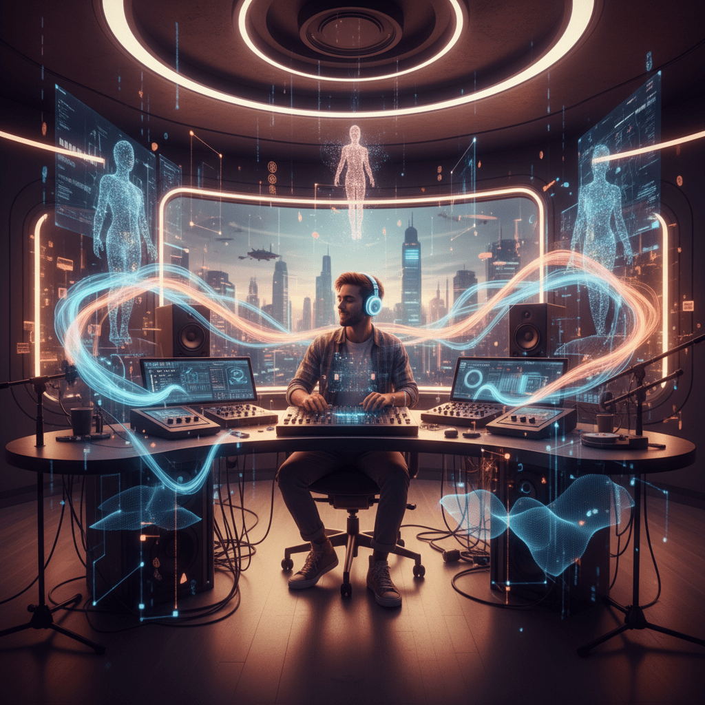 creador musical trabajando con inteligencia artificial en un estudio moderno rodeado de ondas holográficas
