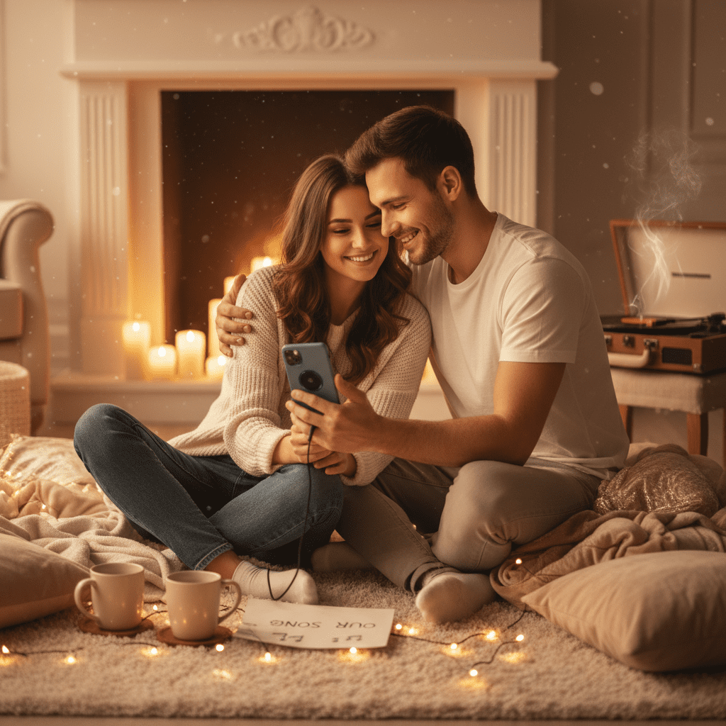 pareja escuchando una canción juntos en un ambiente cálido y romántico