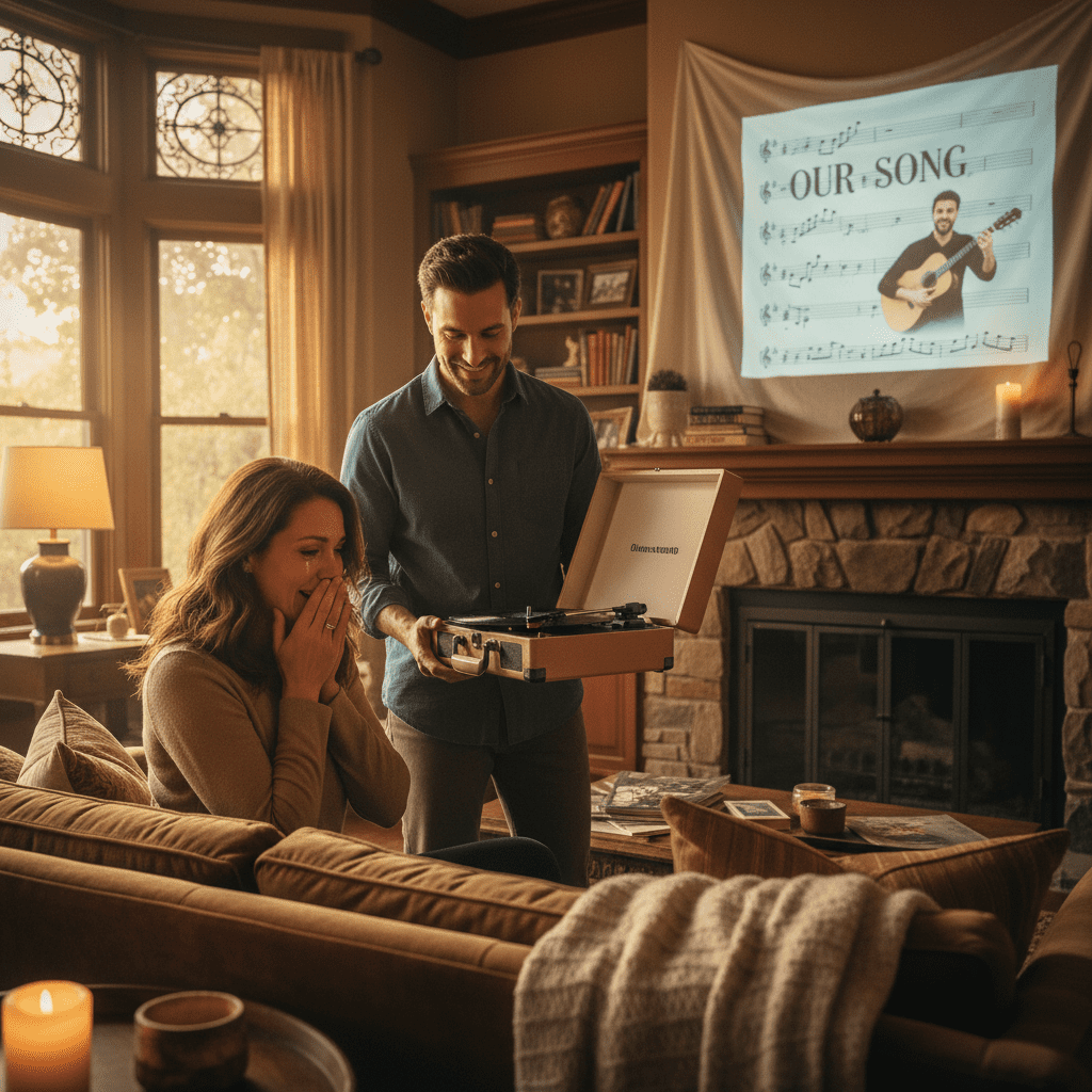 mujer emocionada recibiendo una canción personalizada como regalo sorpresa
