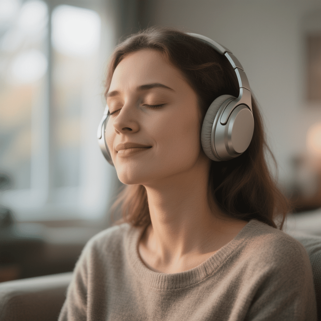 mujer emocionada con los ojos cerrados escuchando una canción personalizada