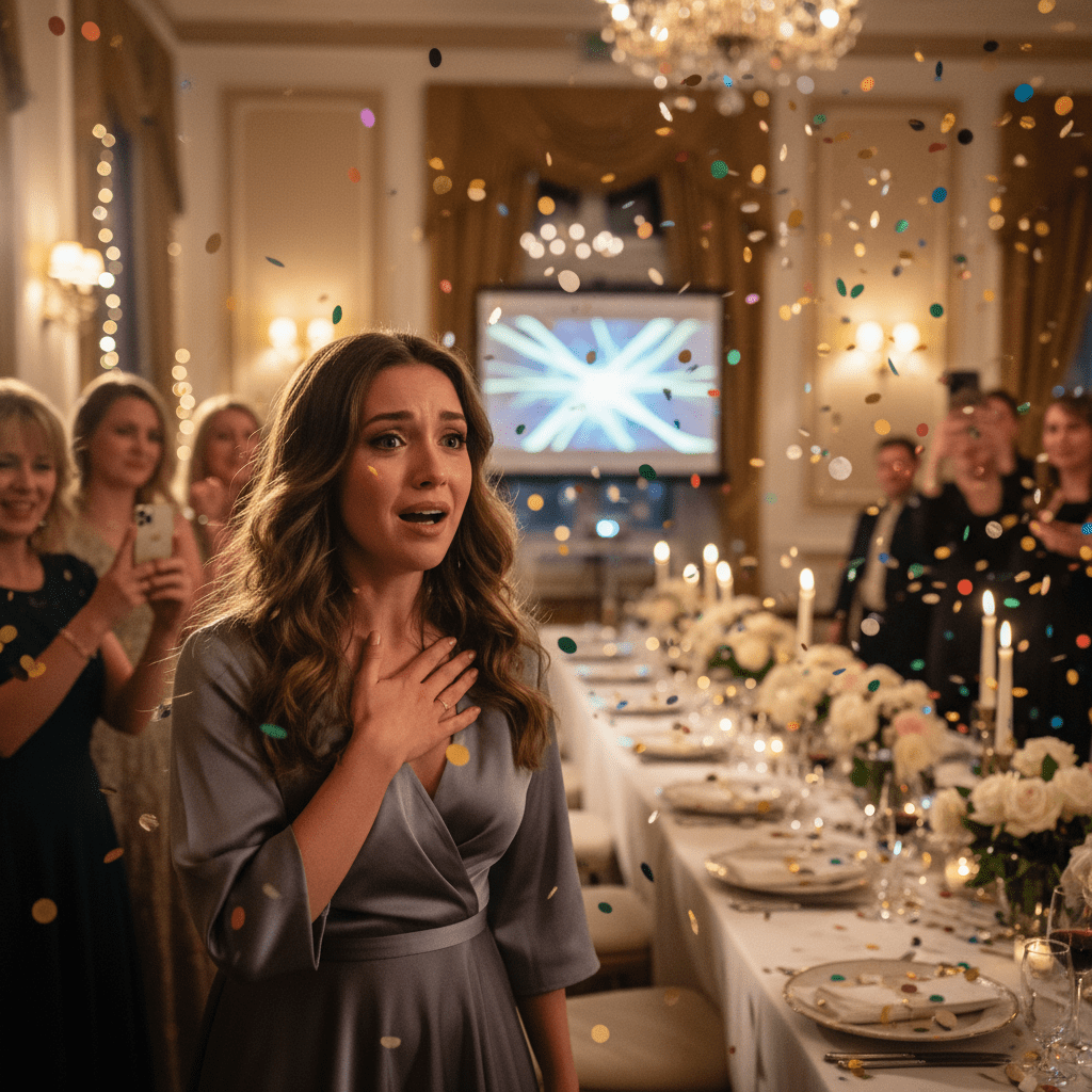 mujer emocionada sorprendida mientras escucha su canción personalizada de cumpleaños