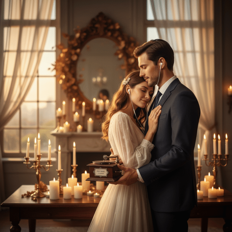 pareja abrazada escuchando su canción personalizada de aniversario en un ambiente romántico