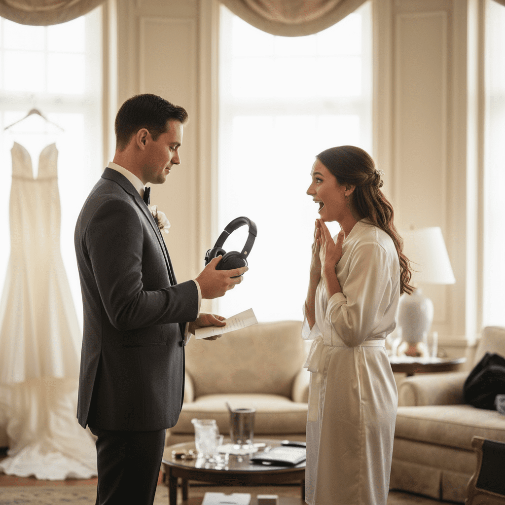 novio sorprendiendo a la novia con una carta y unos auriculares como regalo musical de boda