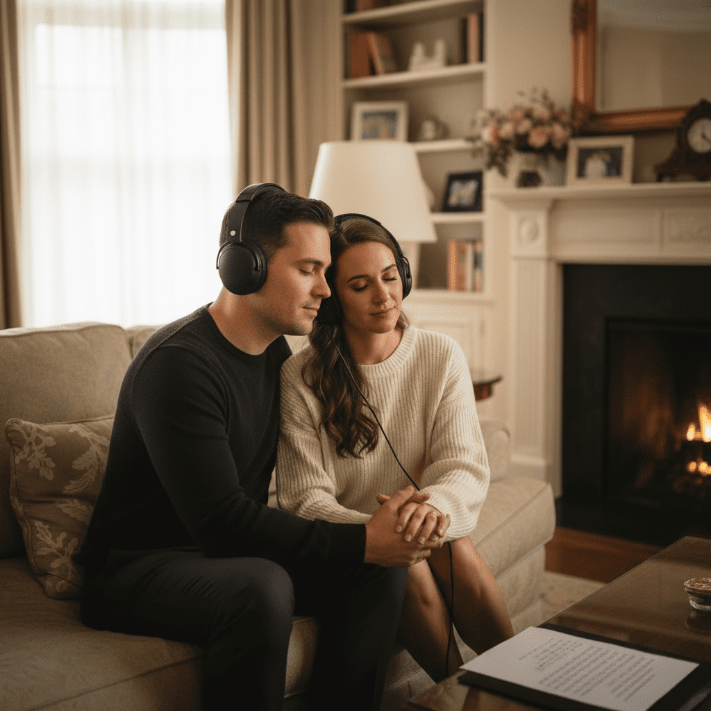 pareja escuchando su canción personalizada días después de la boda con emoción y ternura