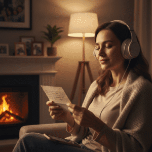 madre emocionada escuchando una canción personalizada con una carta en las manos