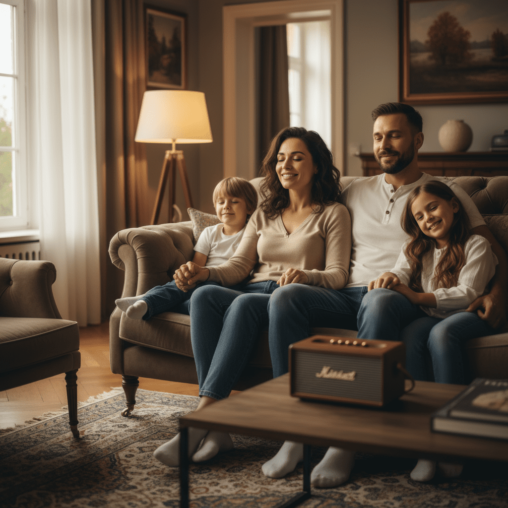 Familia escuchando una canción personalizada juntos familia reunida en el sofá escuchando una canción personalizada con emoción y sonrisas