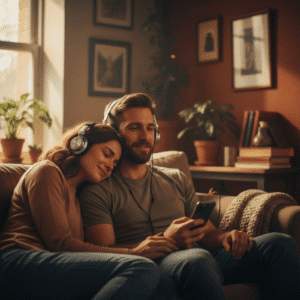 pareja escuchando una canción personalizada con expresión de perdón y esperanza