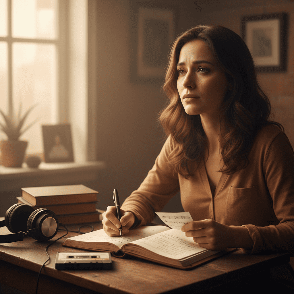 mujer escribiendo una letra emotiva para pedir perdón a través de una canción personalizada