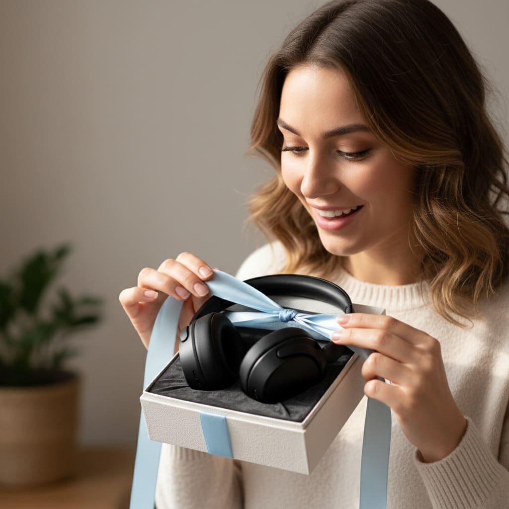 Persona emocionada abriendo un regalo musical persona abriendo una caja de regalo con auriculares y expresión de sorpresa