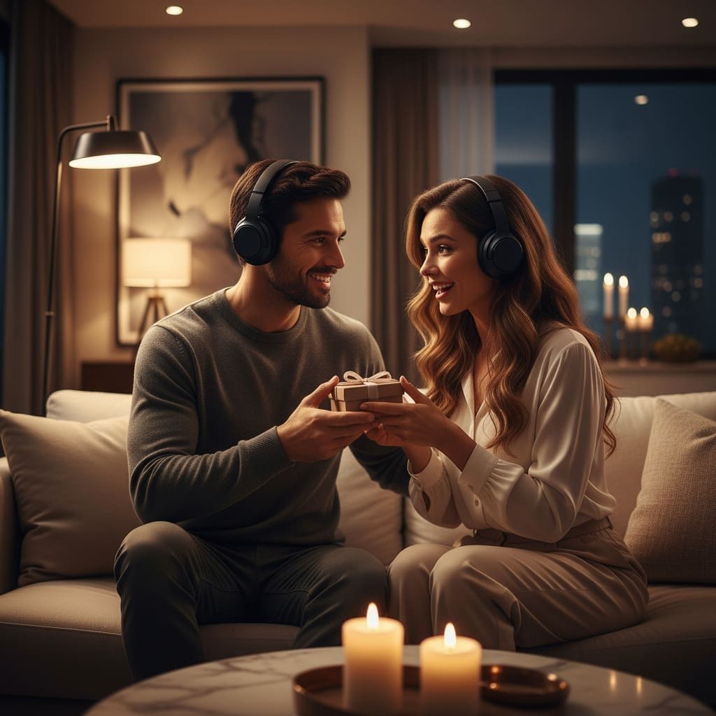 pareja compartiendo un regalo especial mientras escuchan música con emoción