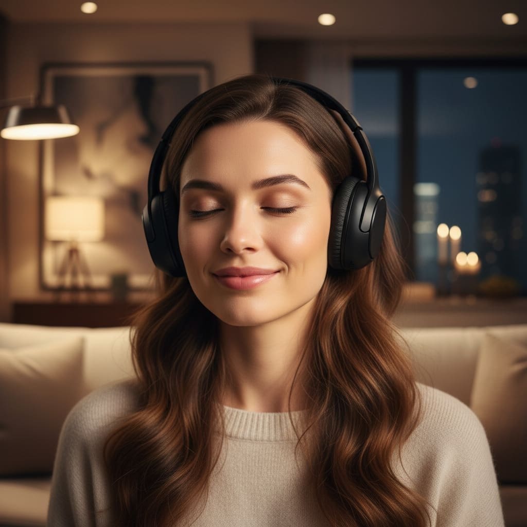 mujer sonriendo y escuchando música con emoción y tranquilidad